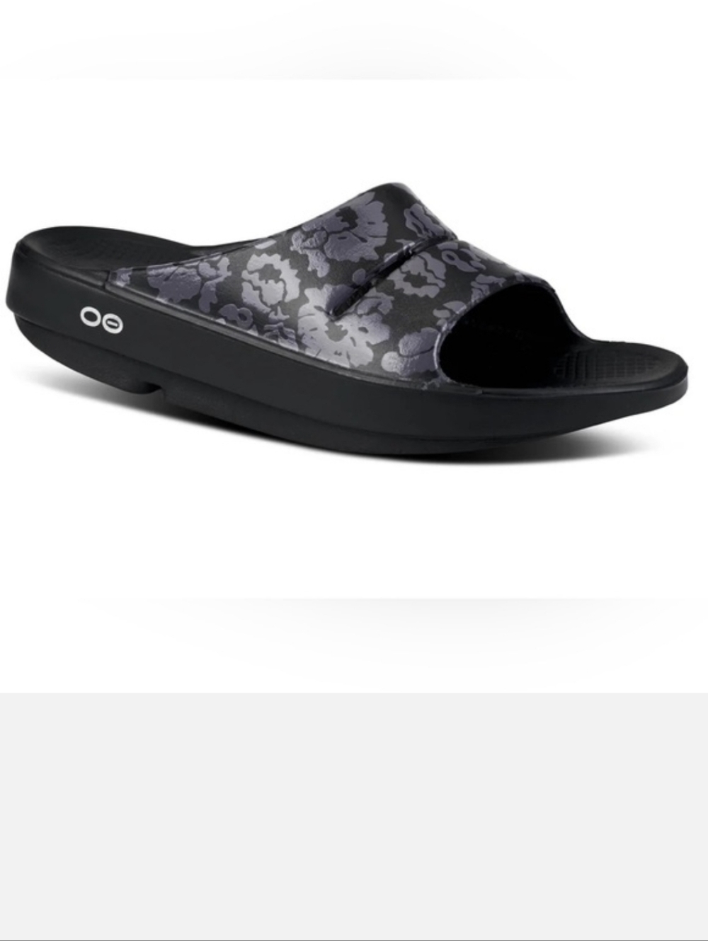 OOFOS OOahh Limited recovery slide sandals featuring a floral "Midnight Tropics